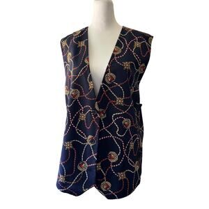Vintage ‘90s Leslie Fay Navy Chain Print Deep V-Neck Button Front Vest